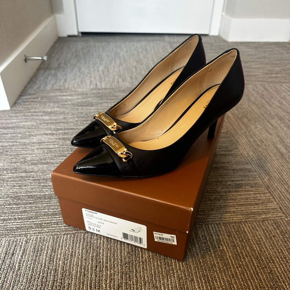 Coach Bowery Glove Black Leather Heels with Gold Buckle